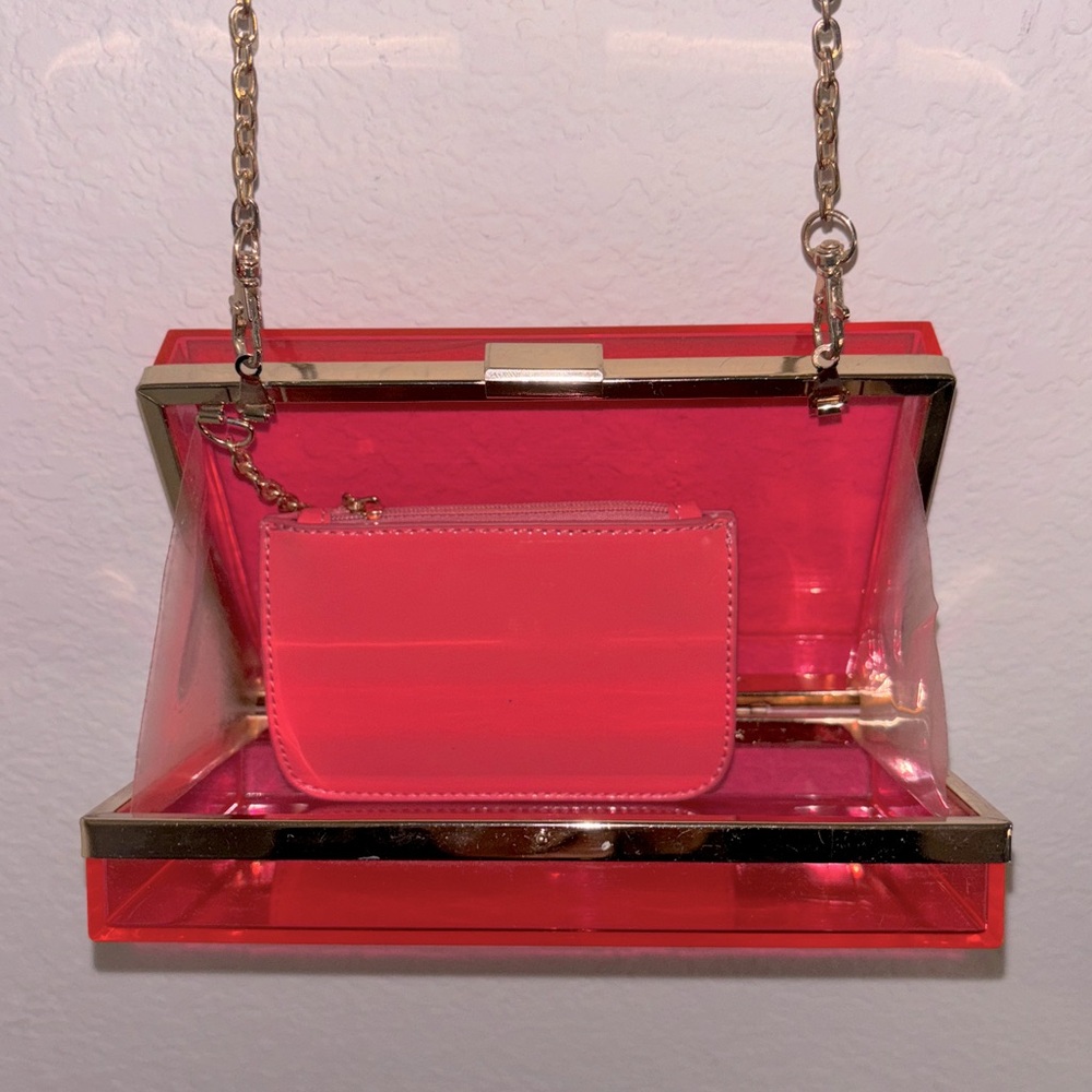 Clear Pink Acrylic Clutch w/ Gold Chain and Wallet